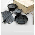 Eco-Friendly cast iron camping cookware with wooden case